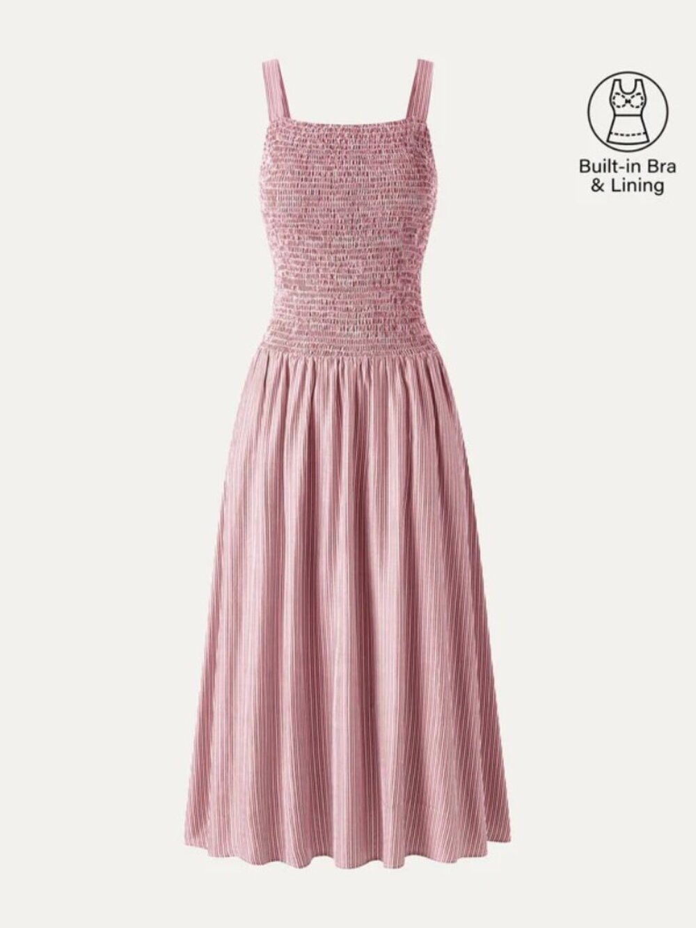 Striped Poplin Square Neck Smocked Midi Bra Dress Pink and White Striped S (NWT)